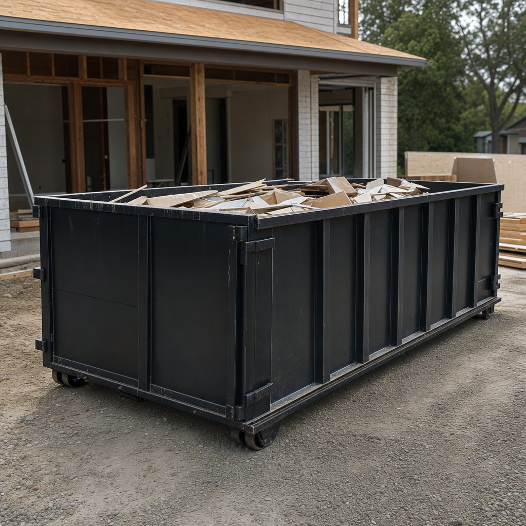 Large matte-black 30-yard construction roll-off dumpster at an active Athens jobsite, steel-gray top rails and bottom rollers visible, loaded with construction debris.