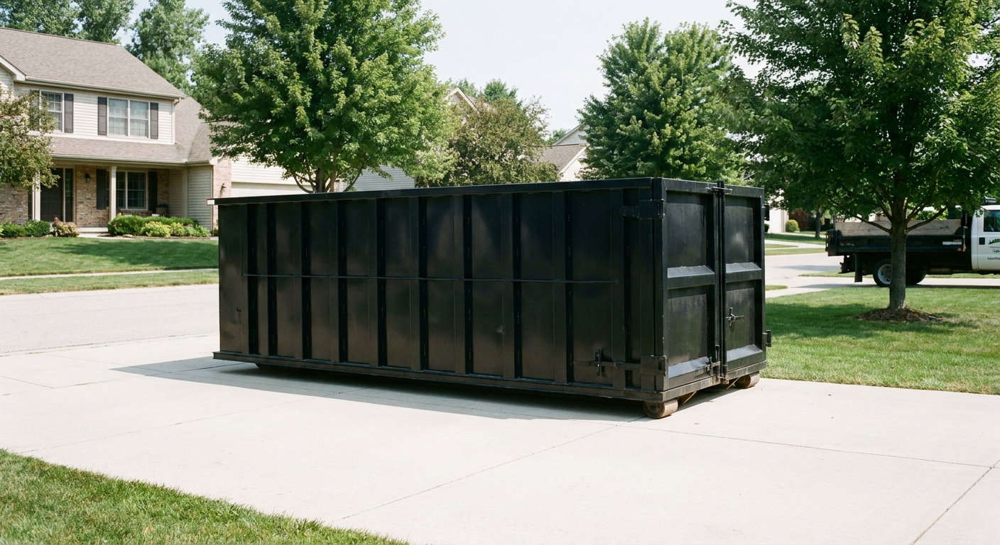 Matte-black 20-yard roll-off dumpster sitting level on a clean Athens residential concrete driveway under bright daylight, demonstrating clean placement directly on the concrete.