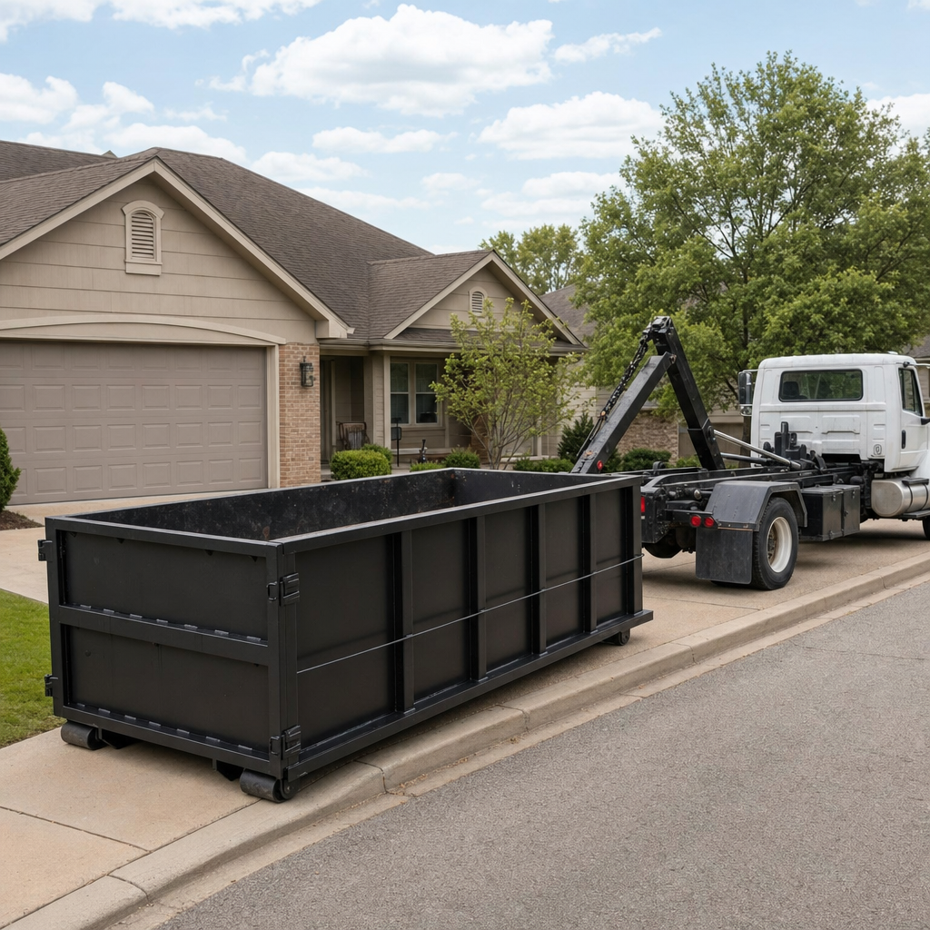 Wide documentary shot of a matte-black roll-off dumpster on a Athens residential driveway in the foreground and a contractor jobsite container in the soft-focus background, bright daylight, calm and orderly composition.